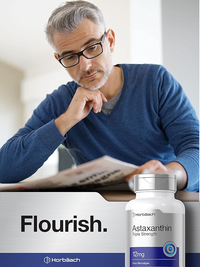 Horbäach Astaxanthin Supplement | 12mg | 120 Softgels | Triple Strength | from Microalgae | Non-GMO &amp Gluten Free