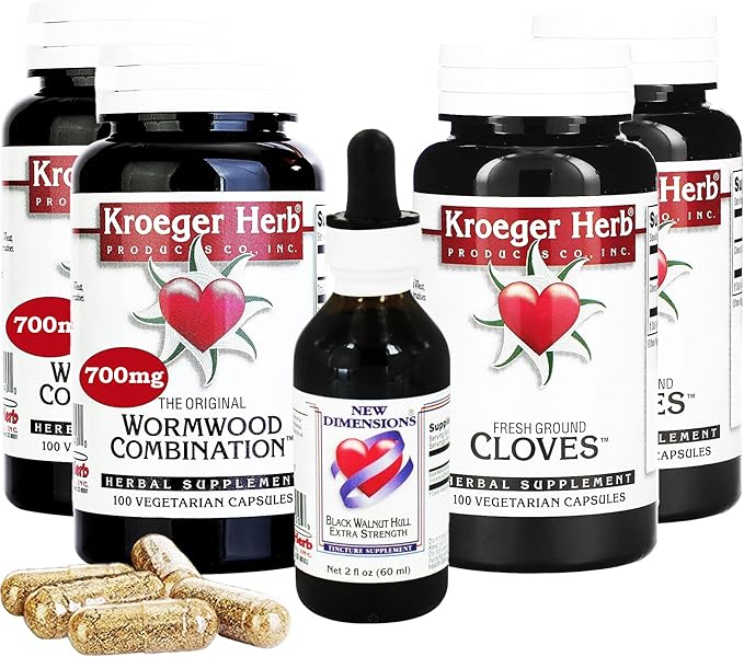 Kroeger Herb Products Wormwood Herb Supplement Kit Black Walnut Clove Quassia Worm Wood Detox Cleanse - Capsules Non-GMO Gluten Free No Preservatives or Fillers Made in USA