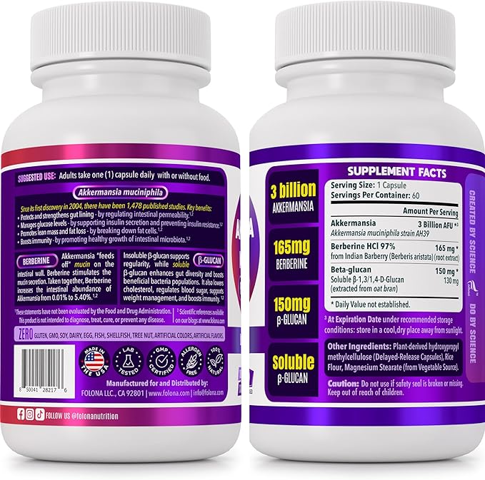 FOLONA Delayed Release Akkermansia GLP-1 Probiotic with Berberine and Soluble Beta-Glucan Prebiotic Fiber 3 Billion AFU 60 Capsules (2 Months Supply) for Gut Health Support