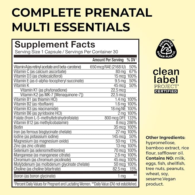 HUM Complete Prenatal Multivitamin for Women with Folate DHA and Choline 23 Nutrients for Daily Support Gluten Free Non GMO Supplement for Pre During and Post Pregnancy 30 Vegan Capsules
