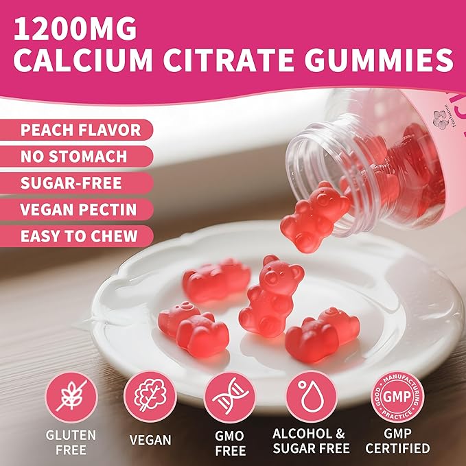 Pure Calcium Citrate 1200 mg Gummies for Adults High Absorption Calcium Supplements for Women &amp Men Sugar Free Non-GMO Gluten Free Supports BoneTeethMuscle &amp Immune - Peach Flavor