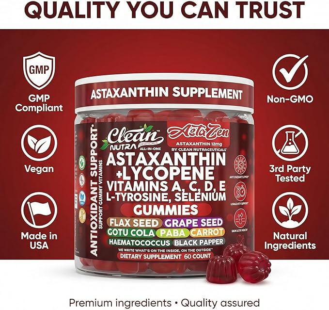 Clean Nutraceuticals AstaZen Astaxanthin Gummies 12mg - with Lycopene Vitamins A C D E L-Tyrosine &amp Selenium - Antioxidant Support Gummies - 60 Count