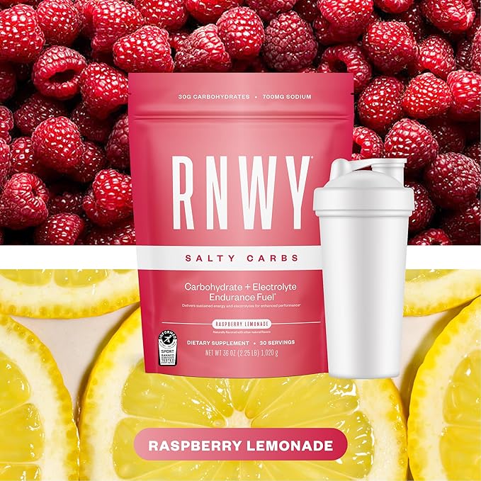 Salty Carbs Electrolyte Drink Mix 30g Dual-Action Carbs + 700mg Sodium Endurance Fuel for Runs Rides and Races Gluten-Free Dairy-Free Non-GMO (30 Servings Raspberry Lemonade)