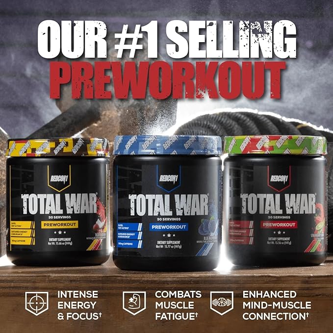 REDCON1 Total War Pre Workout Green Apple - Fast Acting Caffeinated Preworkout for Men + Women with Beta Alanine - Contains Citrulline Malate for Increased Pump Blood Flow (30 Servings)