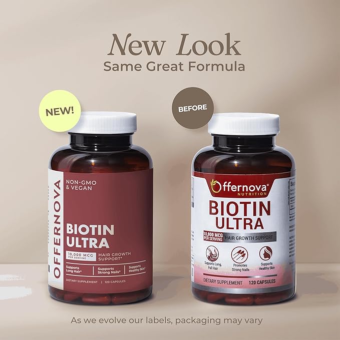 Offernova Biotin Ultra - Vitaminas para el Cabello con Biotina - Pastillas para Crecimiento del Pelo y Barba | Fortalece el Pelo Piel y Unas - 120 Tabletas