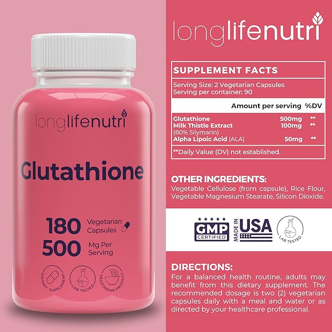 LongLifeNutri Reduced Glutathione 500 mg &amp Stabilized R-Alpha Lipoic Acid 300 mg Bundle – 3–4 Month Supply Natural Antioxidant &amp Cellular Energy Support Non-GMO GMP Certified Made in USA