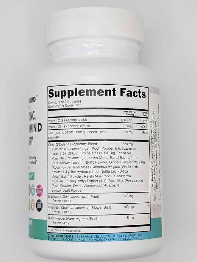 Q Defend Quercetin Supplement with Zinc Vitamin C Vitamin D Elderberry Turmeric Black Pepper Garlic Ginger Sea Moss Lysine Stinging Nettle Reishi Immune Support 60 Capsules Pack of 2 by Clean Nutra