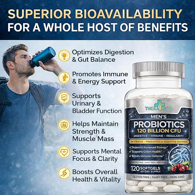 Men’s Advanced Probiotics 120 Billion CFU - 36 Strains + Prebiotics Enzymes &amp Veggie Blend for Gut Immune &amp Colon Health - 2 Month Supply 120 Softgels