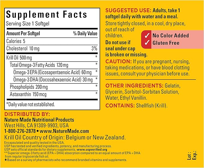 Nature Made Superior Absorption Krill Oil 500mg with Astaxanthin and Phospholipids Omega 3 for Heart Health Support Antarctic Krill Oil Supplement 100 Softgels 100 Day Supply