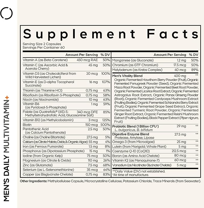 Codeage Men’s Daily Multivitamin – 25+ Essential Vitamins &amp Minerals Organic Whole Foods Probiotics Omega-3 Zinc Vitamins A B C D E &amp K 2 Pack