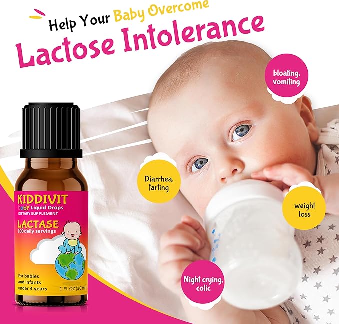 Kiddivit Baby Lactase Drops 1000 Units – Gentle Digestive Support Enzyme Supplement – 100 Daily Servings – Built-In Dropper Glass Bottle – Gluten Free Vegetarian 1oz