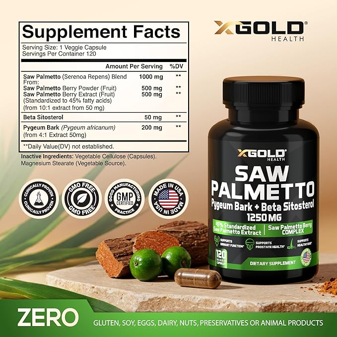 X Gold Health Saw Palmetto Prostate Supplement for Men | Pygeum Bark | Beta Sitosterol Supplement | Potent 3X Formula | Urinary Function Prostate | DHT Blocker Hair Growth| 4 Month Supply Made in USA