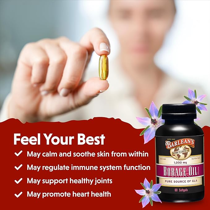 Barlean's Borage Oil Supplements Cold Pressed Pure Borage Seed Oil Supplement Softgels for Men and Women 1000 mg GLA Fatty Acids 60 Count
