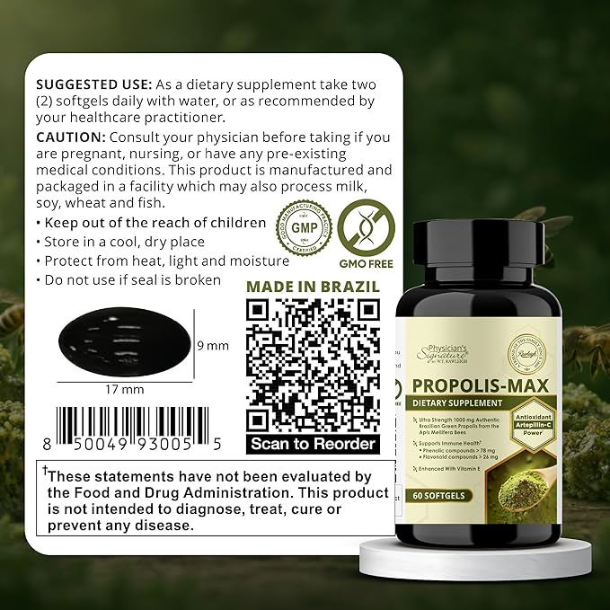 Rawleigh Propolis Max: 60 Vegetarian Softgels - Brazilian Green Propolis with Phenolic Flavonoid &amp Artepillin C Compounds &amp Vitamin E - Supports Immunity Wellness
