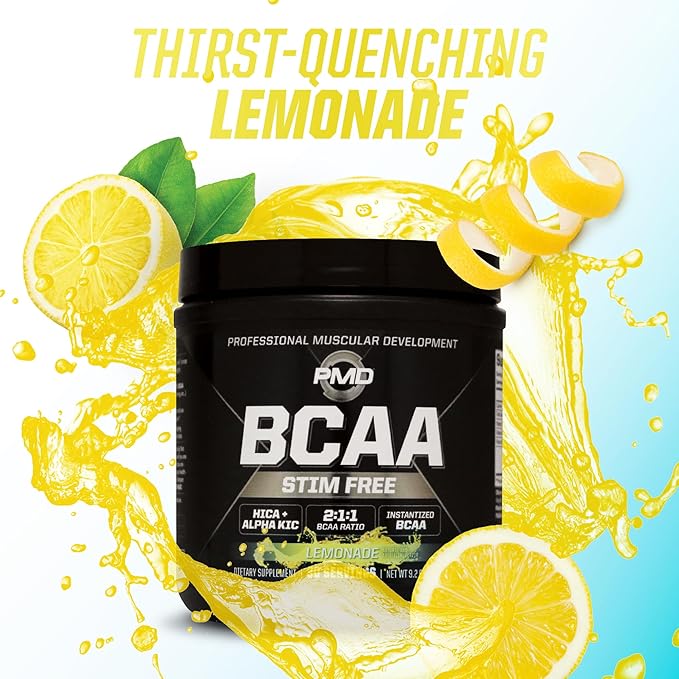 PMD Sports BCAA Stim-Free Amino Acids - Better Workout Performance Enhanced Recovery Daily Energy Muscle Builder and Muscle Sparing - BCAA Powder Drink Mix - Lemonade (30 Servings)