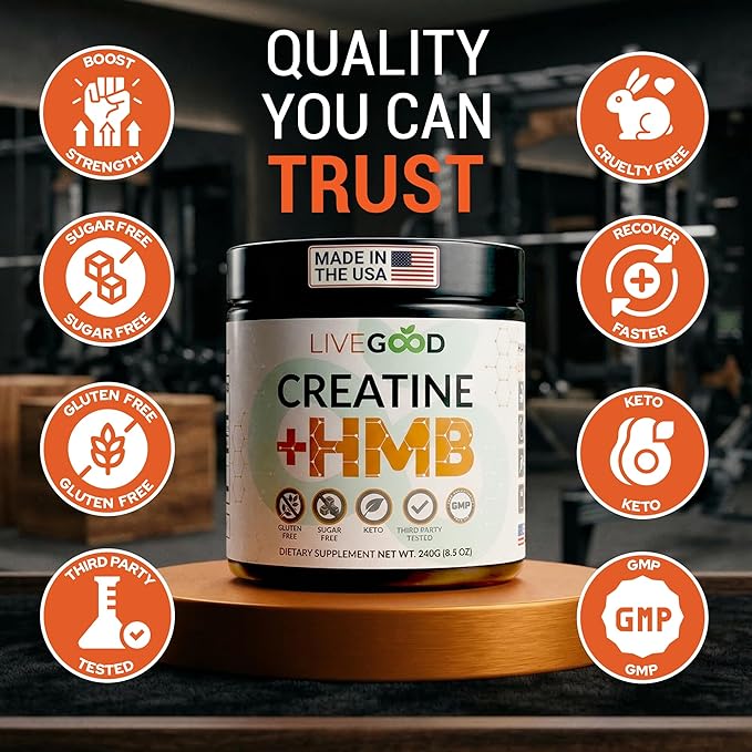 LIVEGOOD Creatine Monohydrate with HMB for Lean Muscle Growth &amp Recovery – HMB Creatine Powder for Men and Women – Unflavored Creatine 30 Servings