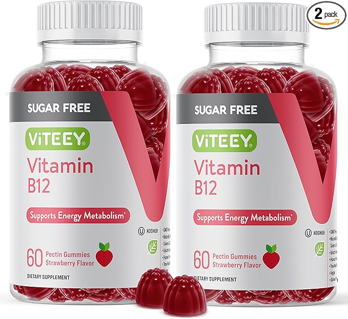 Viteey Vitamin B12 Gummies for Adults &amp Teens 1000mcg Sugar Free - Good for Energy Metabolism Natural Energy Support - Vegan Gelatin Free Gluten Free GMO Free - Chewable Strawberry Flavored