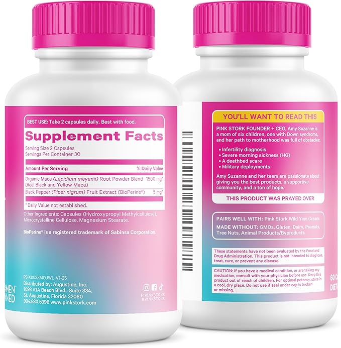 Pink Stork Maca Root Capsules for Women – Organic Maca with BioPerine® for Hormonal Balance Energy + Wellness – Supports Perimenopause Menstrual Health and Vitality