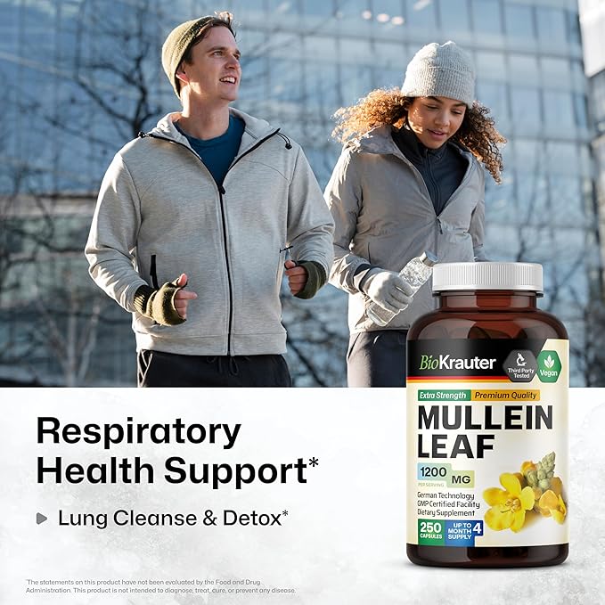 BIO KRAUTER Mullein Capsules 1200 mg 250 Caps - Pure Vegan Mullein Leaf Extract for Lungs - 125 Days of Supply - Lung Cleanse &amp Respiratory Support Supplements - No Fillers Non-GMO