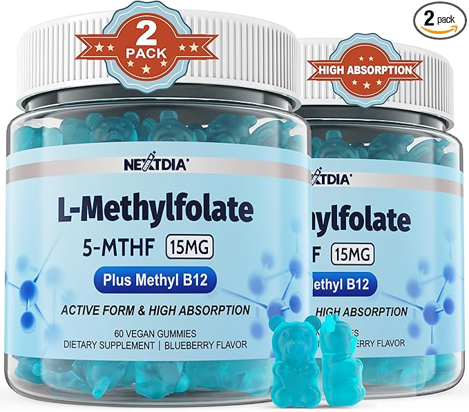 L-MethylFolate 15mg &amp Methyl B12 Gummies Methylated B1 B2 B6 Multivitamins - Active 5-MTHF &amp High Absorption - Supports MTHFR Gene Cognition Homocysteine Levels Folate Metabolism Vegan