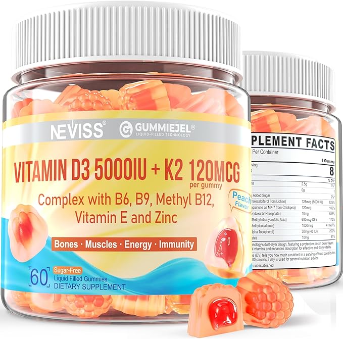 Vitamin D3 5000IU + K2 (MK-7) 120mcg Sugar-Free Vitamin D3 K2 Filled Gummies with Vitamin B Complex - Methyl B12 B9 B6 | Vitamin E &amp Zinc MCT Oil - Supports Bone &amp Teeth Strength Immune