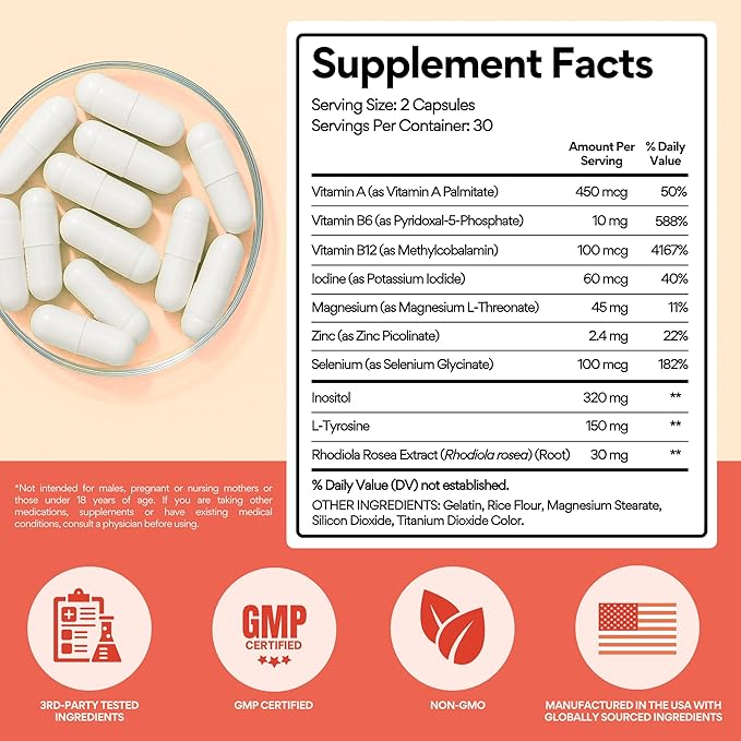 VoomVaya Go Go Thyroid - Thyroid Support for Women 30+ - Female-Focused Hormonal Balance &amp Thyroid Supplement with Iodine Selenium &amp L Tyrosine - 3rd Party Tested - 60 Capsules
