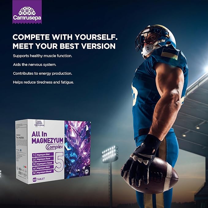 All in Magnezyum Complex 5 – Five Forms of Magnesium (L-Threonate Taurate Citrate Glycinate Malate) - Supports Muscle Function Nerve Support &amp Energy Production – 60 Tablets