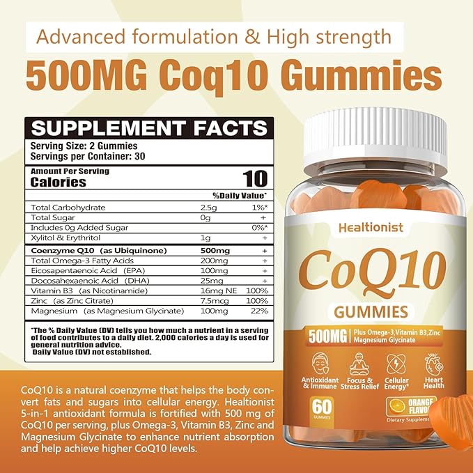 2 Pack 500MG Coq10 Gummies - 3X Better Absorption Plus Omega-3 Magnesium Vitamin B3 &amp Zinc - Coenzyme Q10 Supplements for Heart Health Cellular Energy &amp Antioxidant Vegan 120 Counts