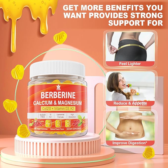 LILICARE Berberine Gummies Sugar Free Extra Absorption with Liposomal Berberine &amp Berberine HCI Calcium Magnesium AMPK Activitor for Sugar &amp Level Energy MetabolismVegan Pack of 1