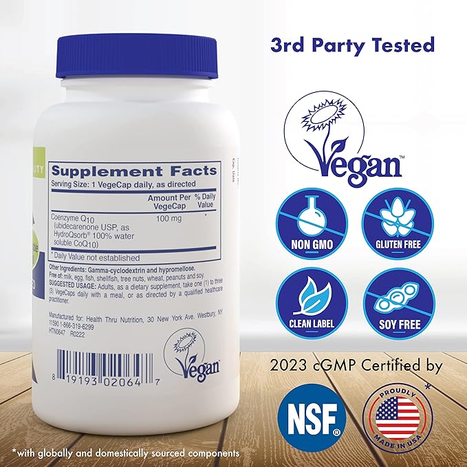 H2Q CoQ-10 with 8X Higher Absorption Over The Standard Q-10 | Clinically Studied | Cardiovascular and Mitochondria Function Support | Vegan Certified | Non-GMO by Health Thru Nutrition (Pack of 180)