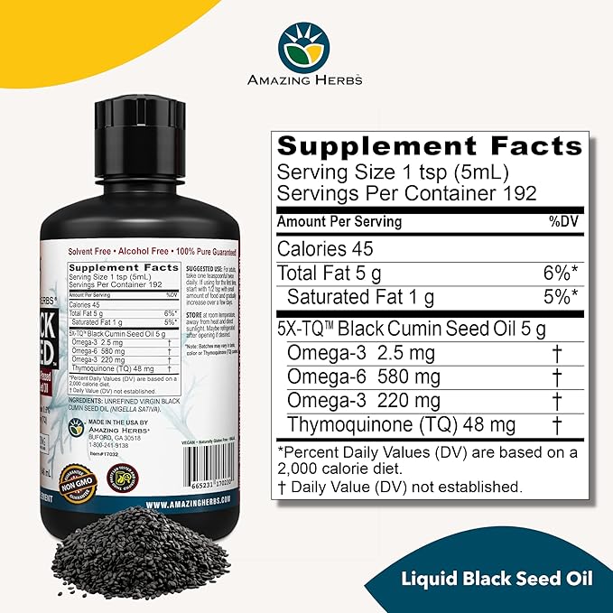 Amazing Herbs Egyptian Black Seed Oil - Gluten Free Non GMO Cold Pressed Nigella Sativa Aids in Digestive Health Immune Support Brain Function Mild Flavor - 32 Fl Oz