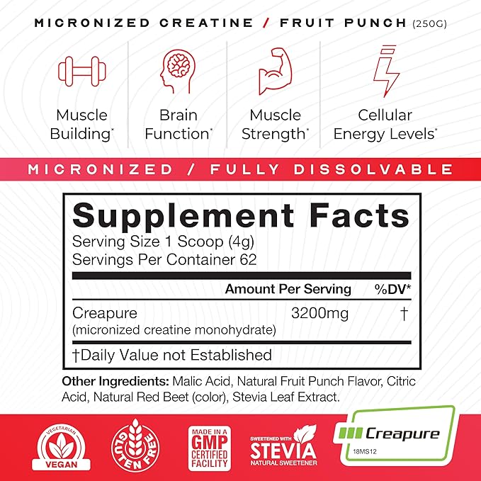 Muscle Feast Creapure - Micronized Creatine Monohydrate Powder | Premium Pre-Workout or Post-Workout | Flavored Creatine for Women &amp Men | Easy to Mix Gluten-Free Safe and Pure (Fruit Punch 25