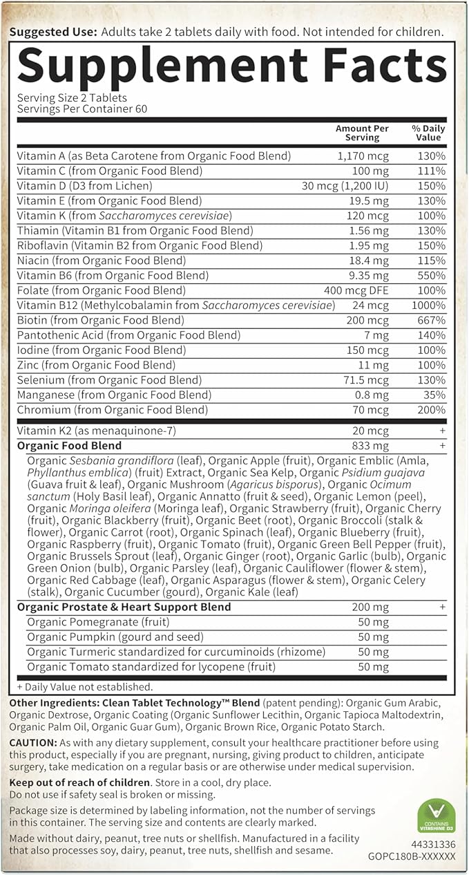 Garden of Life Organics Men's 40+ Multivitamin with Prostate Support B12 &amp Vitamins – Vegan Daily Whole Food Multivitamin Non-GMO Certified Organic 120 Tablets