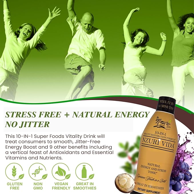 Nzuri Vida All-Natural Energy &amp Stress Support Tonic 10-in-1 Total Body Restoration Drink with Acai Berry Cupuacu &amp Yerba Mate. Smooth Energy Calm Focus Detox &amp Immune Support - 3 Bottl