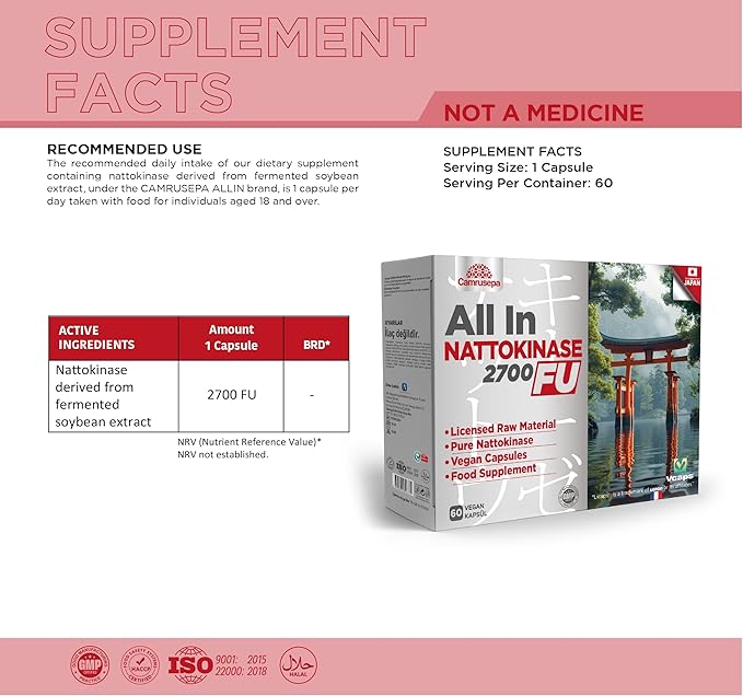 All in Nattokinase 2700 FU – Enzyme Supplement for Circulation Support Vcaps Vegan Capsules – 60 Capsules