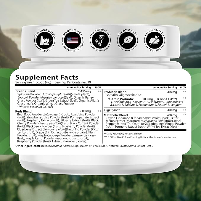 Greens Superfood Powder - 46 Superfoods Probiotics &amp Enzymes for Gut Health Metabolism &amp Energy - Vegan Green Powder Blend 1 Bottle - 30 Servings