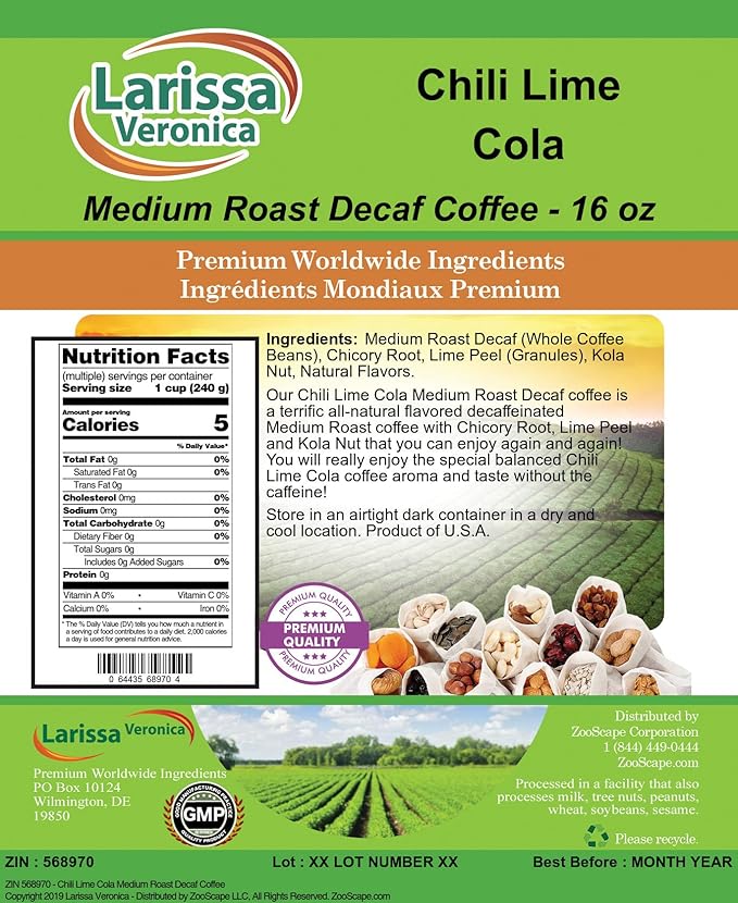 Chili Lime Cola Medium Roast Decaf Coffee (Gourmet Naturally Flavored Whole Coffee Beans) (16 oz ZIN: 568970) - 2 Pack