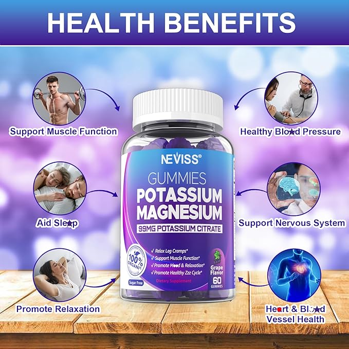 Potassium Magnesium Gummies - Potassium Supplement w/Ashwagandha 200mg Magnesium GlycinateB6B12P-otassium Citrate for Leg CrampsMuscleElectroyte for Adults KidsSugar-Free 2 Pack