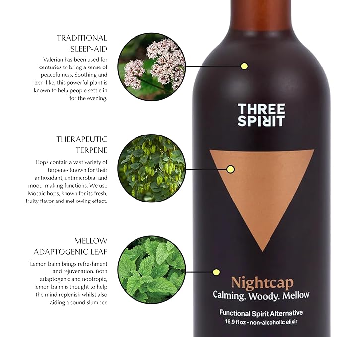 Three Spirit Non-Alcoholic Alternative Spirit - The Nightcap 50cl | Alt-Whiskey | Unwind &amp Chillout with Adaptogens Valerian Hops &amp Lemon Balm | Award Winning Active Botanical Gluten Free &