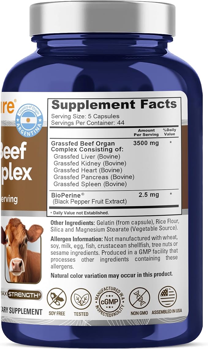 NusaPure Grass Fed Beef Organ Complex | 220 Capsules | Pasture Raised | with Desiccated Liver Kidney Pancreas Heart Spleen | Soyfree Non-GMO Bioperine