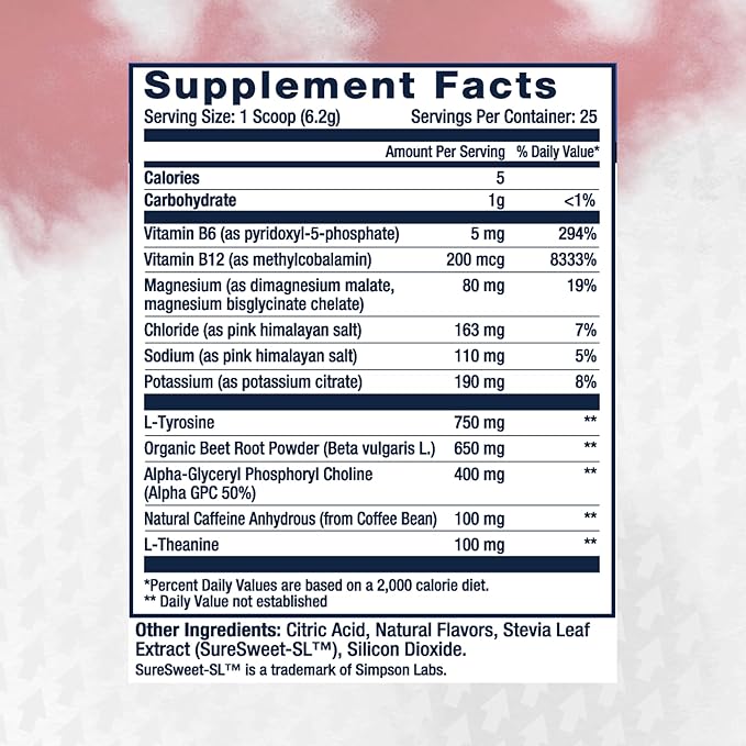 Focus &amp Energy Drink Mix Powder – Zero Sugar 100mg Caffeine + L-Theanine + L-Tyrosine Calm Nootropic Supplement for Steady Focus &amp Clean Energy – (25 Servings)