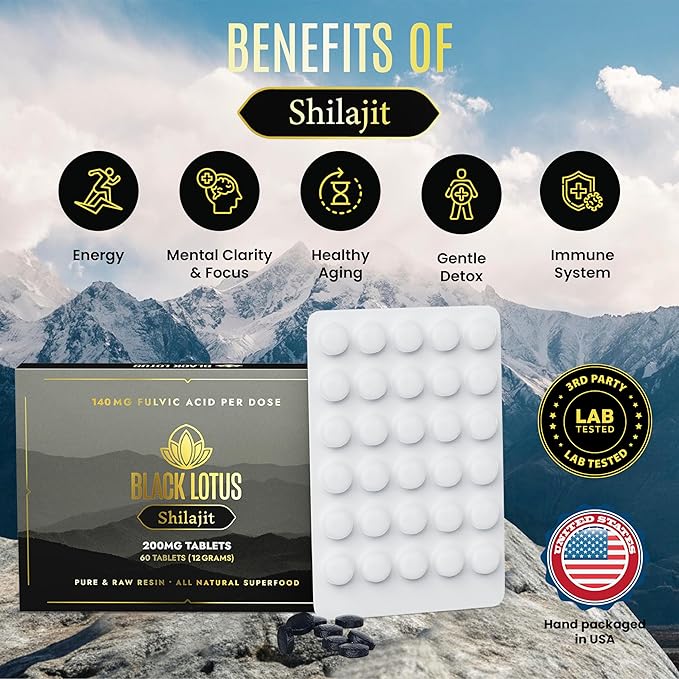 Black Lotus Shilajit Resin Tablets 60 Count 200mg Each 100% Pure Natural Shilajit for Men &amp Women with Amino Acids 140mg Fulvic Acid 85 Ionic Trace Minerals for Immune Support Focus Energy