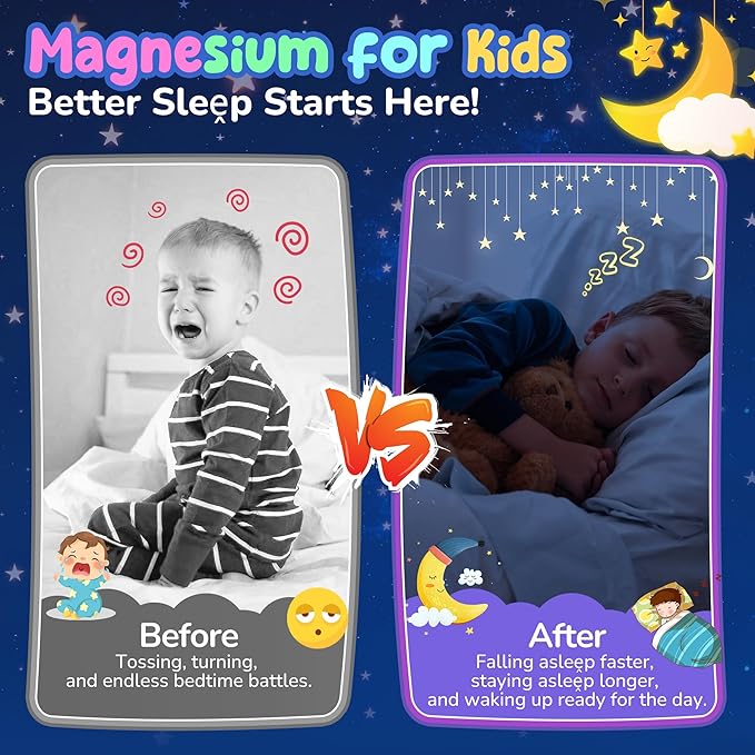 Kids Magnesium Glycinate Gummies + Calcium + Omega 3 - Kids Sleep &amp Calm Gummies Melatonin Free Magnesium Gummies + L-theanine B6 D3 &amp K2 Zinc C for Restful Sleep Bones Brain &amp Immu