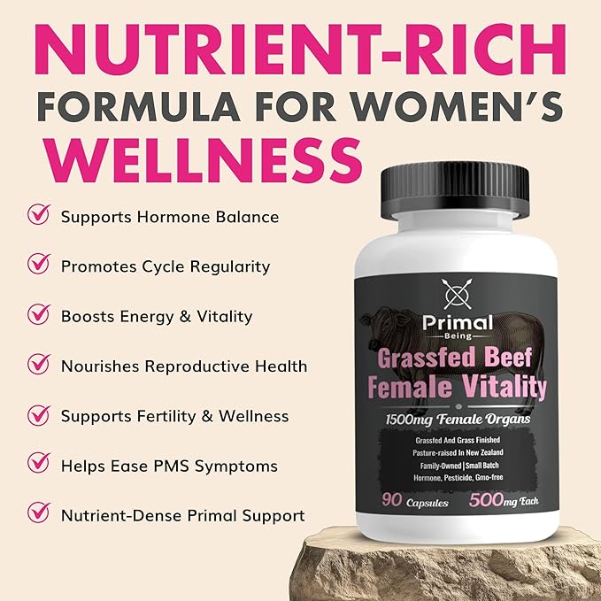 Primal Being Grassfed Beef Female Vitality Supplement- Supports Hormonal Health Fertility Inflammation Energy - 90 Capsules 1500mg per Serving