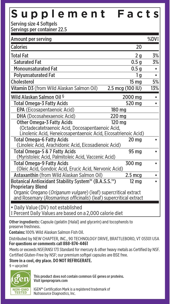 New Chapter Wholemega Fish Oil Supplement Tiny Capsules 2000mg per Serving Clinically Proven Wild Alaskan Salmon Oil with Omega-3 + Vitamin D3 + Astaxanthin 500mg Each - 90 Count