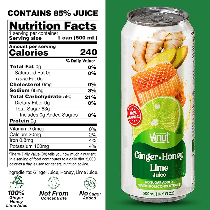 VINUT Ginger Honey &amp Lime Juice 85% Juice No Added Sugar Not From Concentrate 16.9 fl oz (500 mL) Can Pack of 6