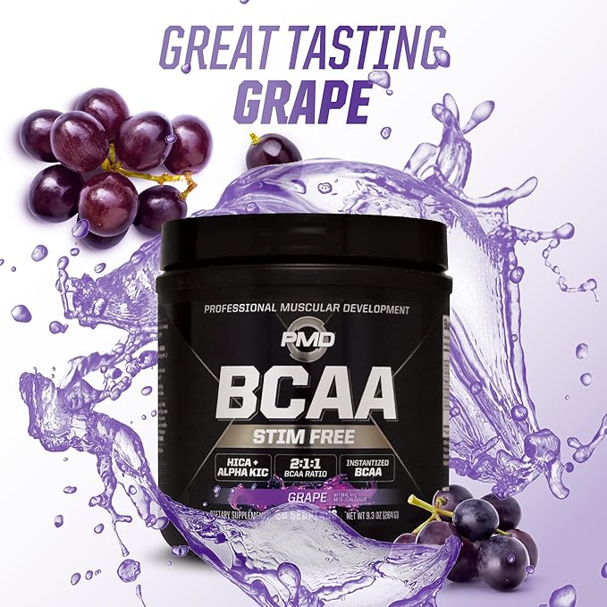 PMD Sports BCAA Stim-Free Amino Acids - Better Workout Performance Enhanced Recovery Daily Energy Muscle Builder and Muscle Sparing - BCAA Powder Drink Mix - Grape (30 Servings)