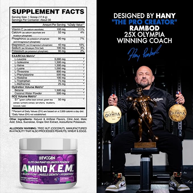 Evogen Amino K.E.M. - EAA &amp BCAA Powder Pump Volumizer | BCAAs Amino Acids Supplement for Blood Flow Muscle Growth &amp Hydration | Juicy Grape | 30 Servings
