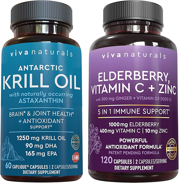 Viva Naturals Antarctic Krill Oil and Elderberry Vitamin C Zinc and Vitamin D3 5000 IU Bundle 1250 mg of Krill Oil Providing Omega 3 EPA and DHA for Joint Health Elderberry for Immune Support