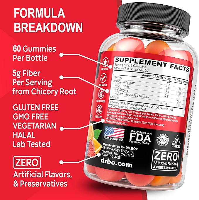 DR. BO Fiber Gummies Colon Cleanse &amp Ginger - Tasty Gummy Prebiotic Fiber Supplement - Bowel Movement Support for Gut &amp Stomach Cleansing
